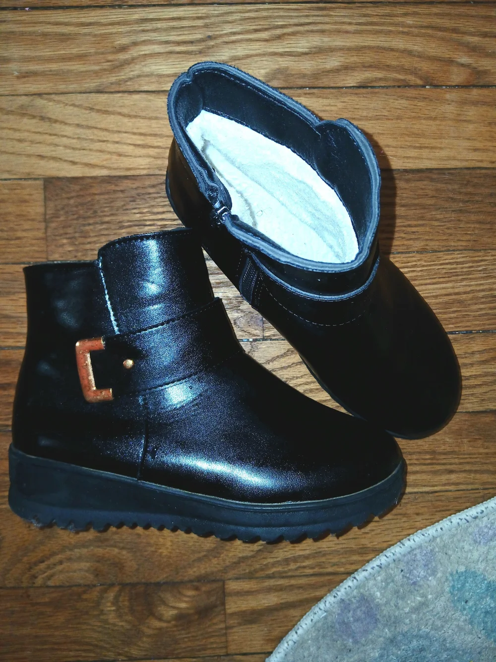Black Ankle Boots with Gold Buckle Accent